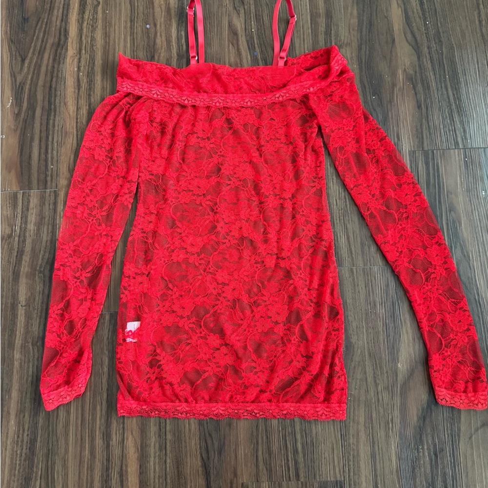 Women's M Red Lace Ruffle Off-Shoulder Spaghetti Strap LS Top Romantic Gothic